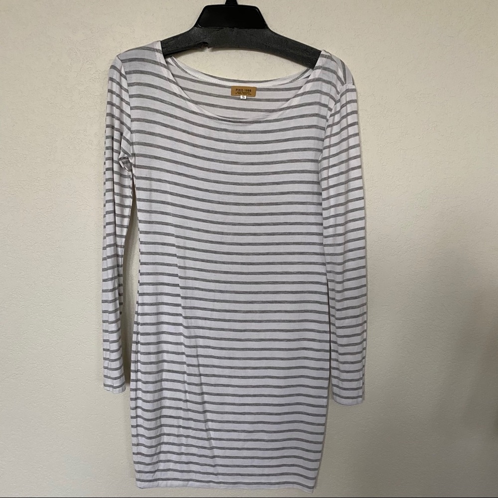 Piko Grey and White Striped Long Sleeve Dress